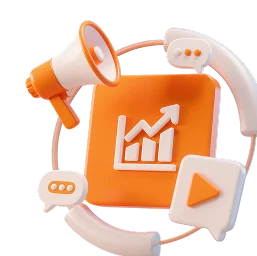 3D illustration of marketing icons like megaphone and charts